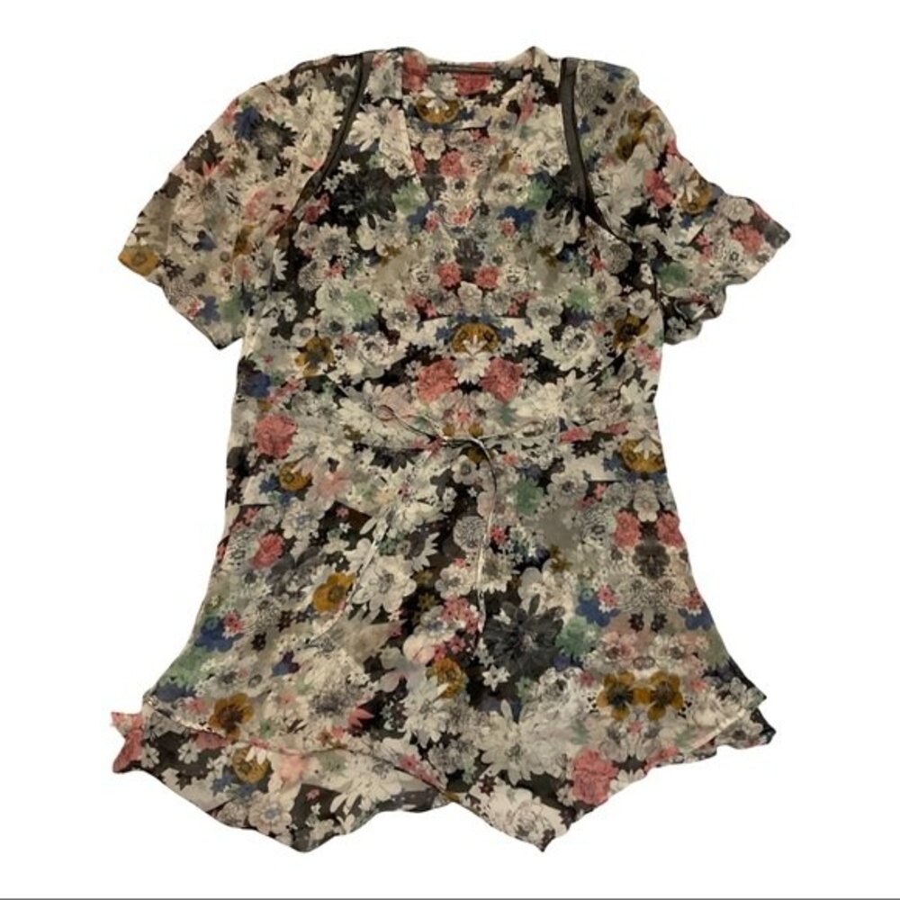 Twelfth Street Cynthia Vincent Sheer Floral 100% Silk Dress Flutter Sleeve Boho